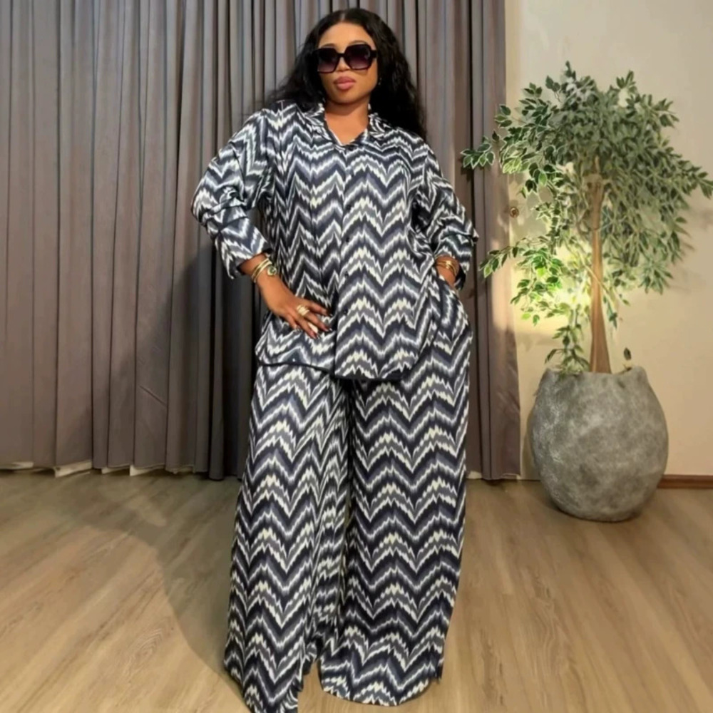 ZARA Plus Size Women Long Sleeve African Print Shirt Straight Leg Pants Set